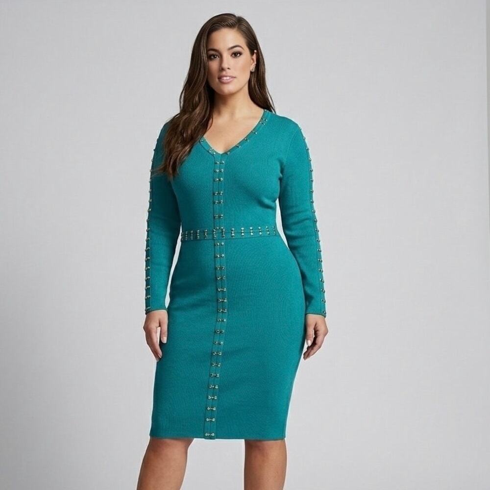 Ashley Stewart Teal Stretchy Embellished Midi Cocktail Bodycon Dress Plus Sz 26